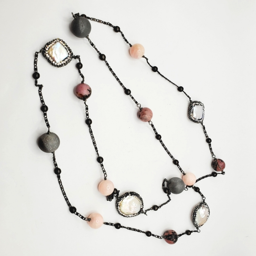 Vintage Natural White Pearl Coin, Black Marcasite Gemstone Statement Necklace